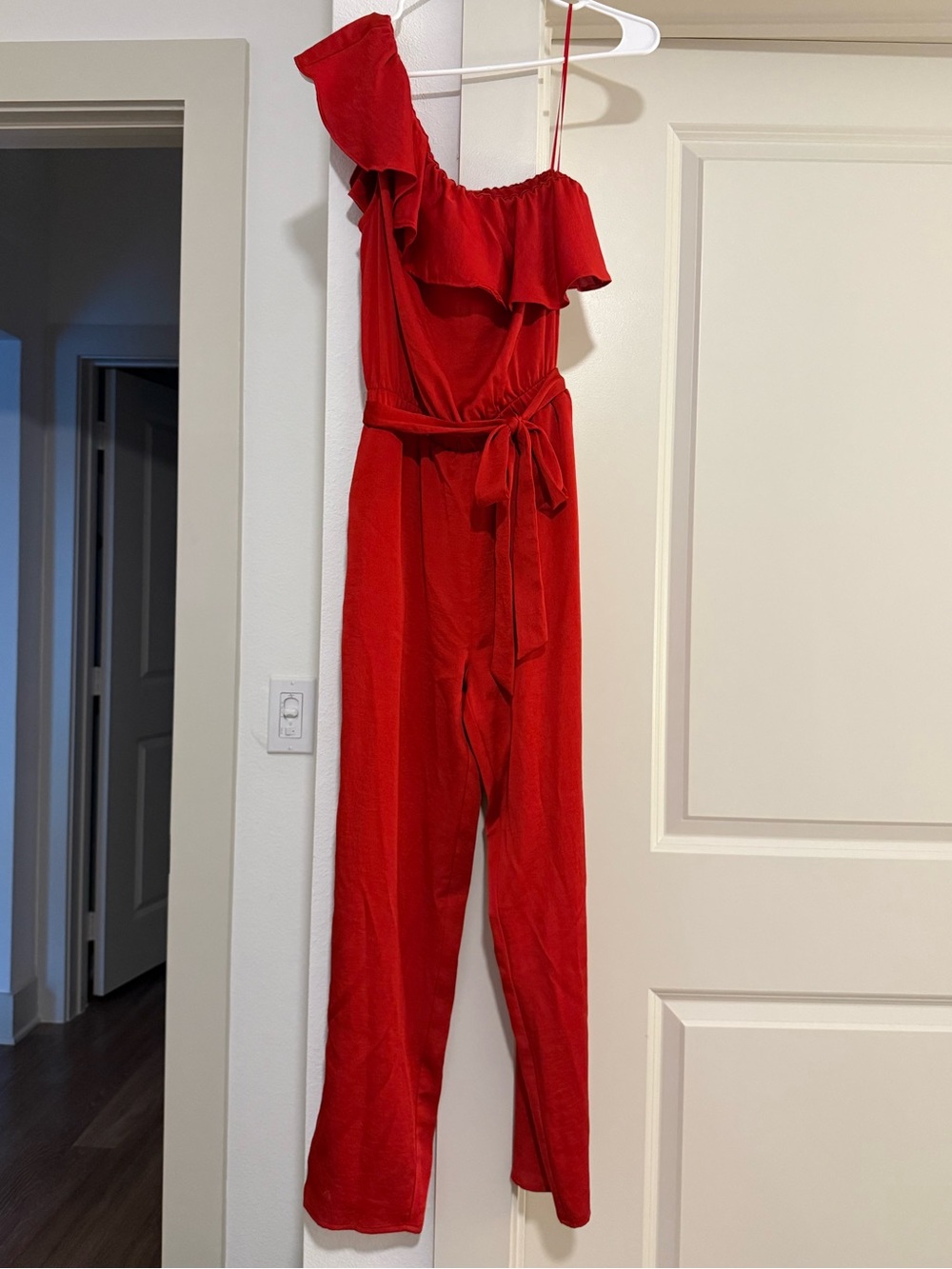 Express Red One-Shoulder Ruffle Jumpsuit with Waist Tie